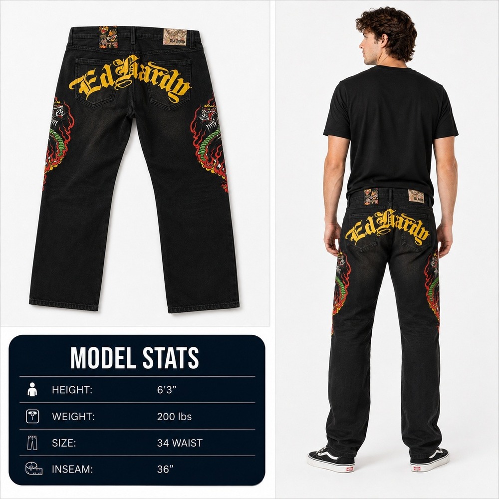 Ed Hardy Mens Stacked Boot Jeans Black Dragon Tattoo Graphics MEHD8303-4 34x36